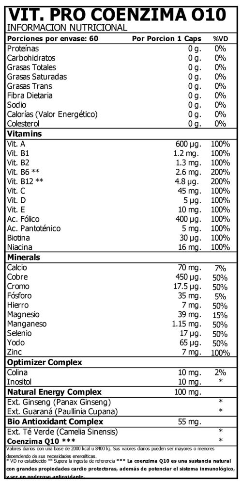 VITAMIN PRO CON COENZIMA Q10 HTN Información nutricional 