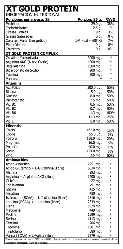 XT GOLD PROTEIN (1015 gr) - HTN Información Nutricional