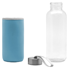 botella de vidrio con funda de tela, botella de vidrio con logo