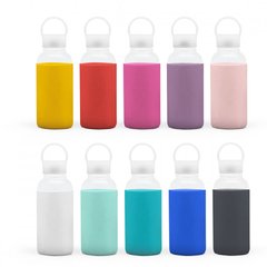 botella de vidrio con silicona de colores con el logo de tu empresa