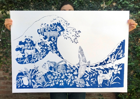 Serigrafía animales autóctonos celeste 100 x 70 cm