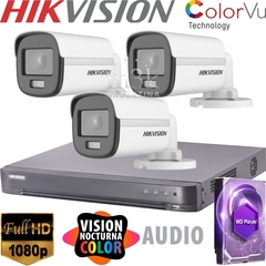 Kit HIKVISION Dvr 4 + 3 CAMARAS + Disco - KIT HIK 2 COLOR VU AUDIO 4-3 HDD