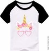 Camiseta Infantil Unicórnio Com Óculos De Coração Rosa Fofo