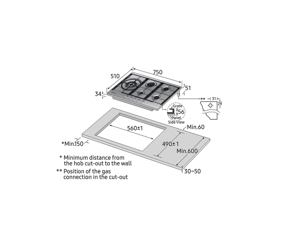 Anafe Samsung A Gas De Acero 5 Hornallas De 75 Cm NA75J3030AS