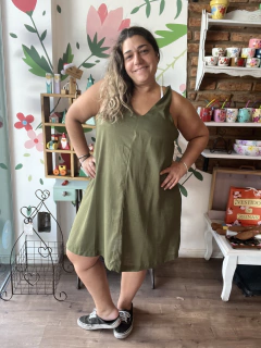 Vestido lino liso escote V - comprar online