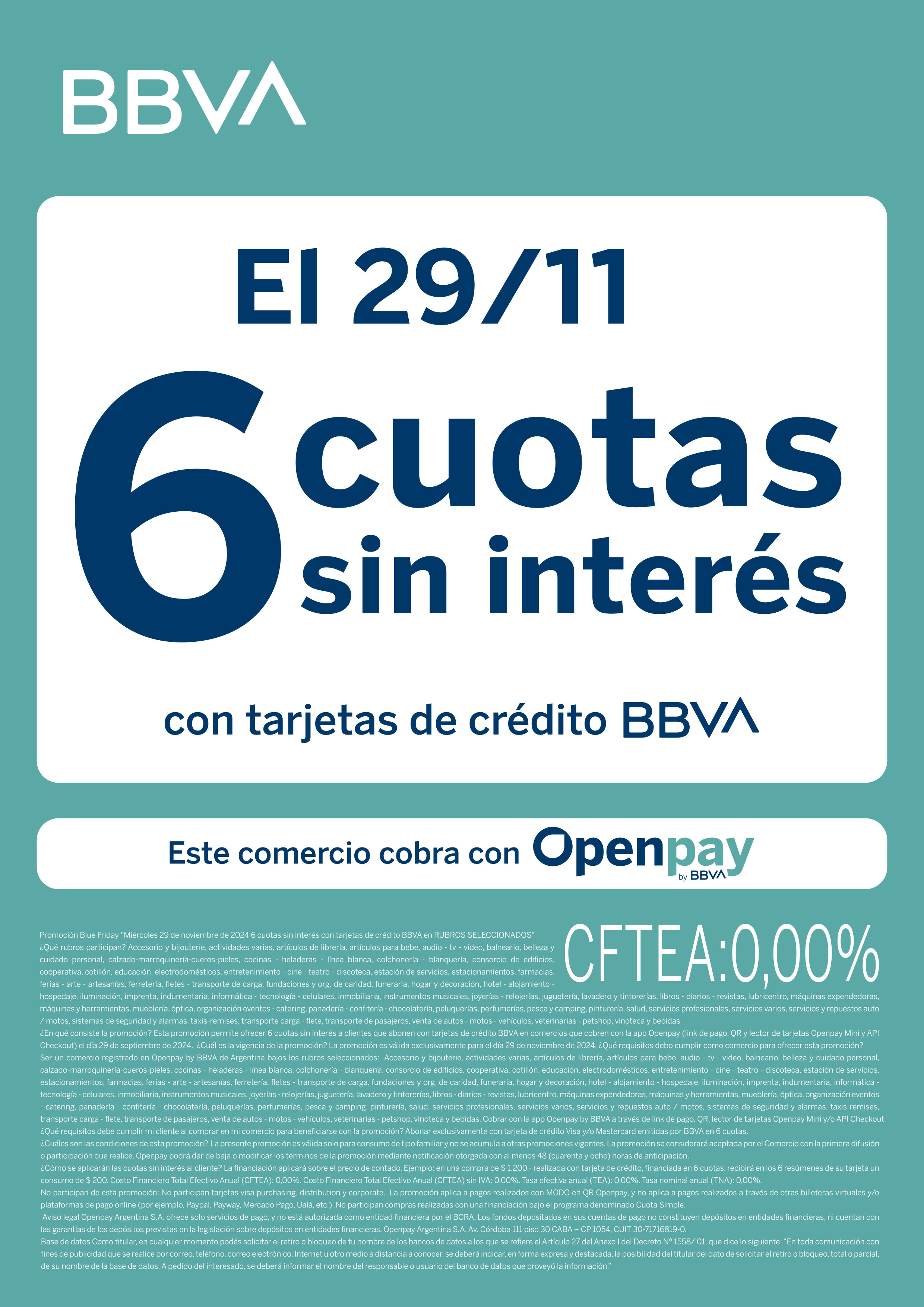 6 cuotas sin interes 29/11 Open Pay BBVA