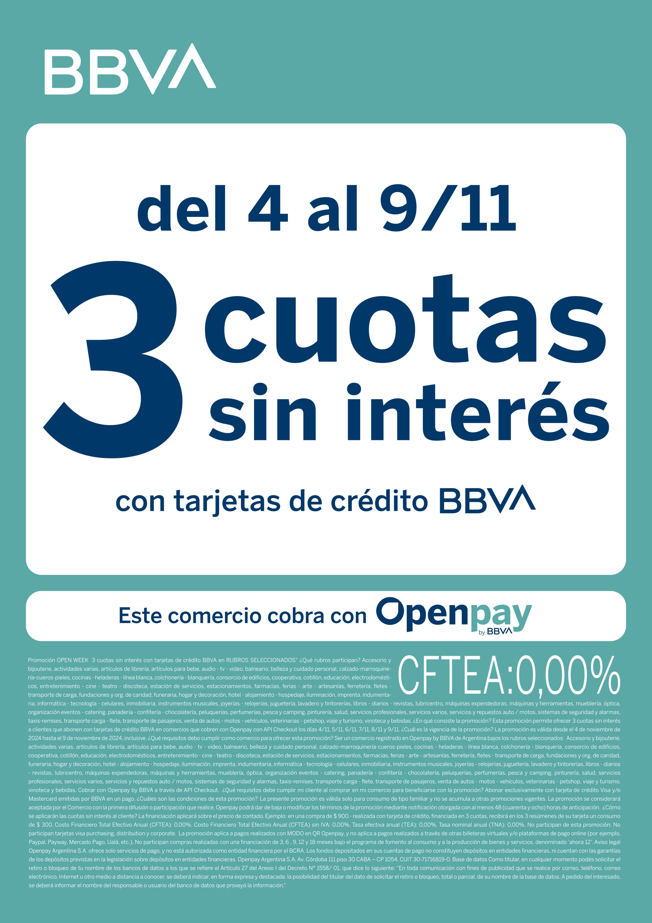 3 cuotas sin interes 4/11 al 11/11 Open Pay